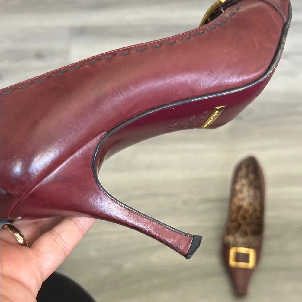 Dolce & Gabbana Vintage Brown Burgundy Women's Pointy Shoes with Gold Buckle